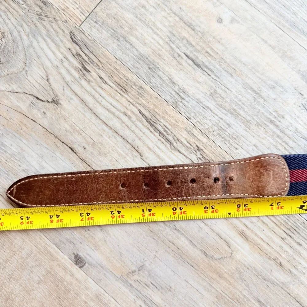 L.L.Bean Stretch Web Belt Size 40 Brown Leather Navy Red Stripe Brass Buckle